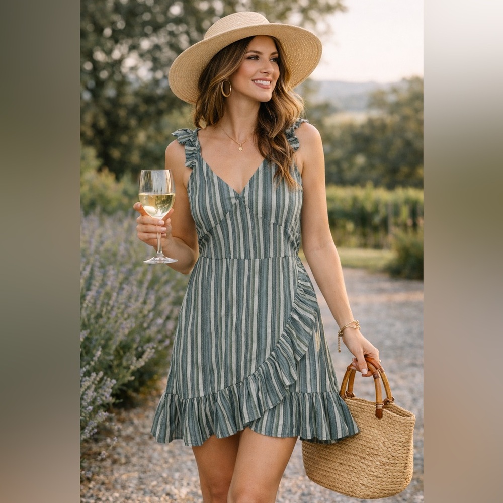 Altar'd State Women's M Dress Green Striped Sleeveless Ruffle Wrap Mini Casual